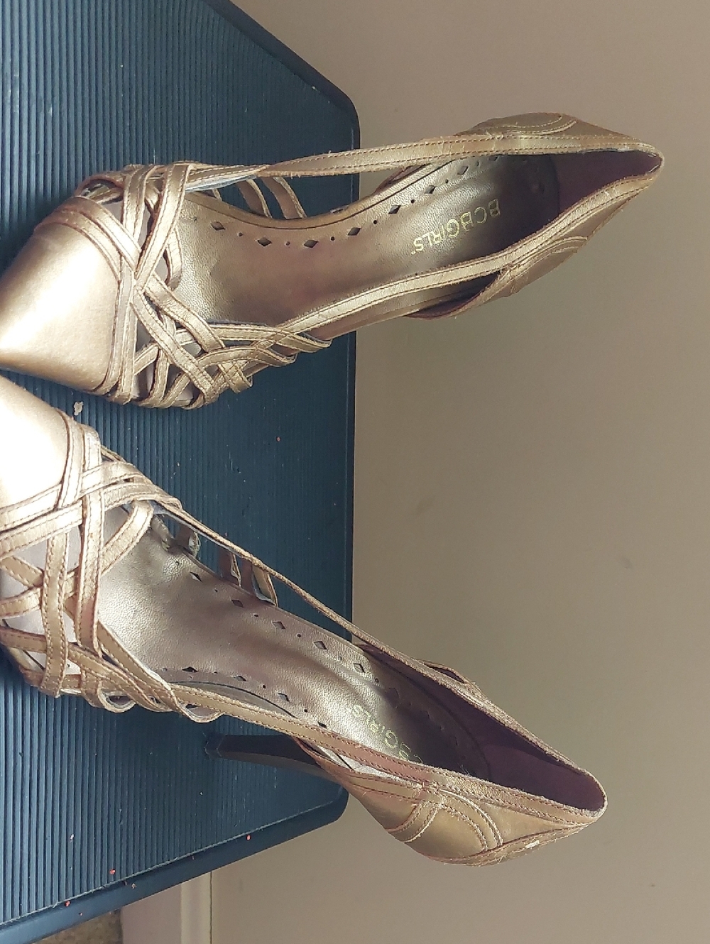BCBGirls Metallic Gold Strappy Pointed-Toe Heels